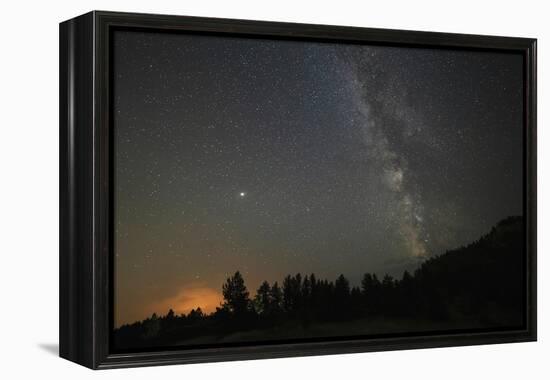 USA, Colorado, Eleven Mile Canyon. The Milky Way galaxy and forest silhouette at night.-Jaynes Gallery-Framed Premier Image Canvas