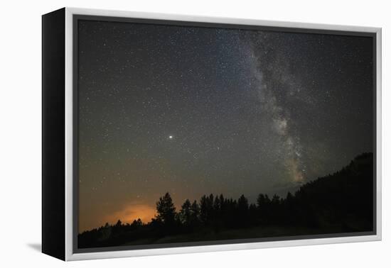 USA, Colorado, Eleven Mile Canyon. The Milky Way galaxy and forest silhouette at night.-Jaynes Gallery-Framed Premier Image Canvas