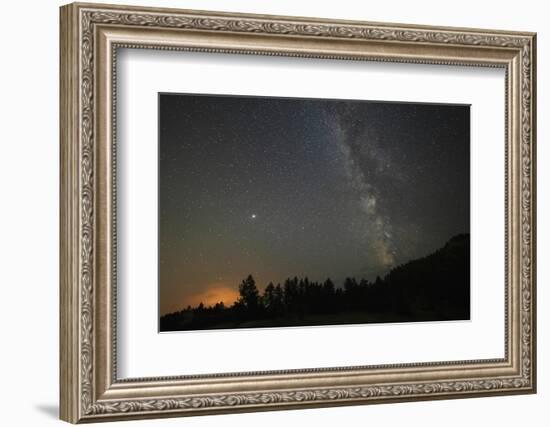 USA, Colorado, Eleven Mile Canyon. The Milky Way galaxy and forest silhouette at night.-Jaynes Gallery-Framed Photographic Print