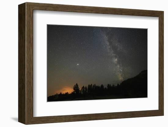 USA, Colorado, Eleven Mile Canyon. The Milky Way galaxy and forest silhouette at night.-Jaynes Gallery-Framed Photographic Print