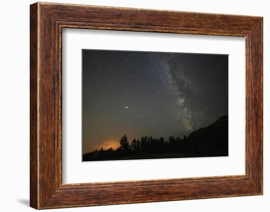 USA, Colorado, Eleven Mile Canyon. The Milky Way galaxy and forest silhouette at night.-Jaynes Gallery-Framed Photographic Print