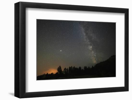 USA, Colorado, Eleven Mile Canyon. The Milky Way galaxy and forest silhouette at night.-Jaynes Gallery-Framed Photographic Print