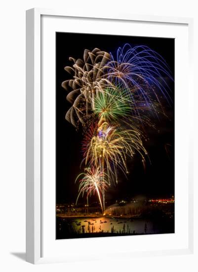 USA, Colorado, Frisco, Dillon Reservoir. Fireworks display on July 4th-Fred Lord-Framed Photographic Print