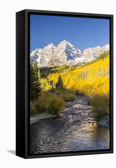 USA, Colorado, Maroon Bells. Mountain and stream in autumn forest.-Jaynes Gallery-Framed Premier Image Canvas