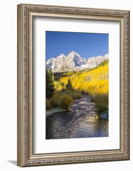 USA, Colorado, Maroon Bells. Mountain and stream in autumn forest.-Jaynes Gallery-Framed Photographic Print