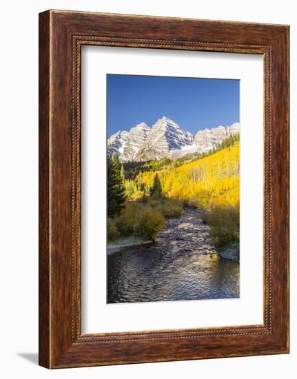 USA, Colorado, Maroon Bells. Mountain and stream in autumn forest.-Jaynes Gallery-Framed Photographic Print
