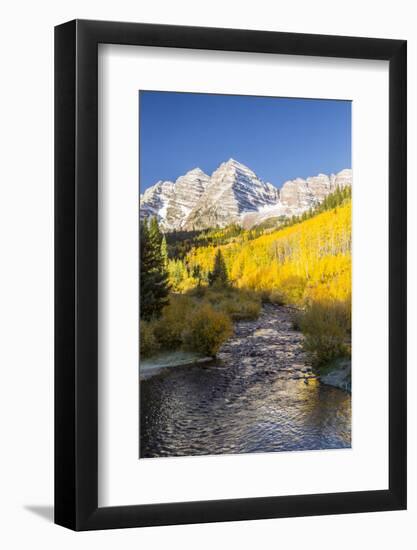 USA, Colorado, Maroon Bells. Mountain and stream in autumn forest.-Jaynes Gallery-Framed Photographic Print