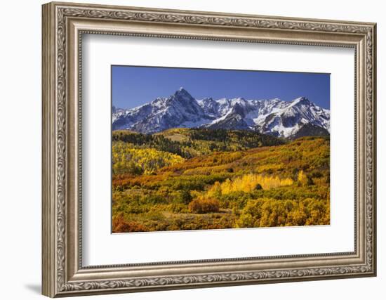 USA, Colorado, San Juan Mountains. Mountain and valley landscape in autumn.-Jaynes Gallery-Framed Photographic Print