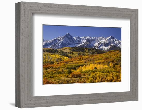 USA, Colorado, San Juan Mountains. Mountain and valley landscape in autumn.-Jaynes Gallery-Framed Photographic Print