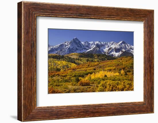 USA, Colorado, San Juan Mountains. Mountain and valley landscape in autumn.-Jaynes Gallery-Framed Photographic Print