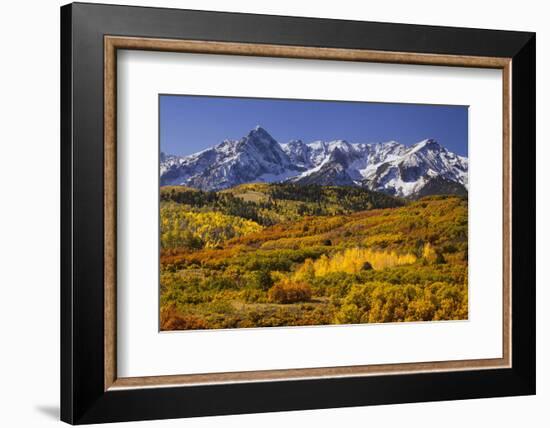 USA, Colorado, San Juan Mountains. Mountain and valley landscape in autumn.-Jaynes Gallery-Framed Photographic Print