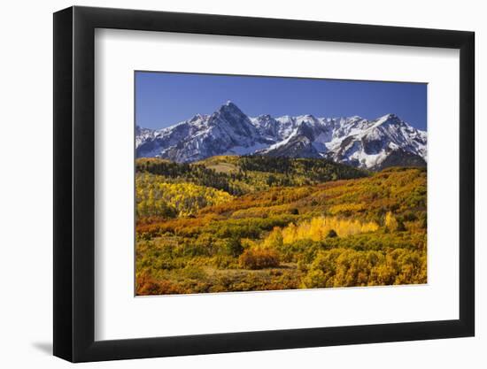 USA, Colorado, San Juan Mountains. Mountain and valley landscape in autumn.-Jaynes Gallery-Framed Photographic Print