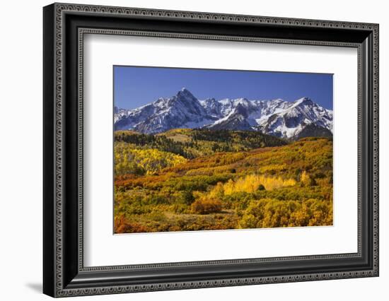 USA, Colorado, San Juan Mountains. Mountain and valley landscape in autumn.-Jaynes Gallery-Framed Photographic Print