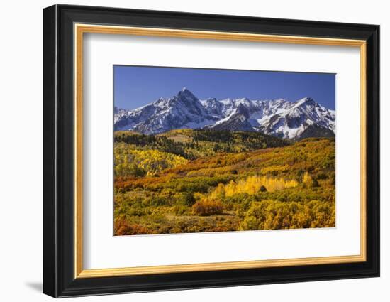 USA, Colorado, San Juan Mountains. Mountain and valley landscape in autumn.-Jaynes Gallery-Framed Photographic Print