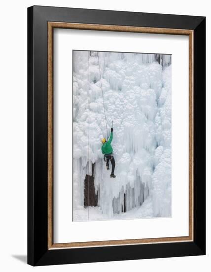 USA, Colorado, Uncompahgre National Forest. Climber ascends ice-encrusted cliff face.-Jaynes Gallery-Framed Photographic Print