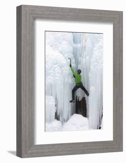 USA, Colorado, Uncompahgre National Forest. Climber ascends icy cliff face.-Jaynes Gallery-Framed Photographic Print