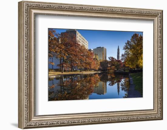 USA, Connecticut, Hartford, Bushnell Park, reflection of office buildings and Travelers Tower-Walter Bibikow-Framed Photographic Print