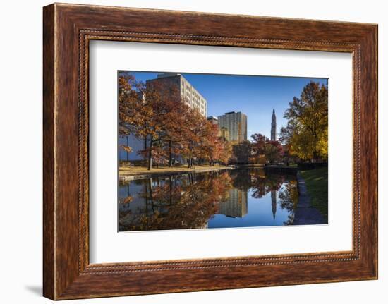 USA, Connecticut, Hartford, Bushnell Park, reflection of office buildings and Travelers Tower-Walter Bibikow-Framed Photographic Print