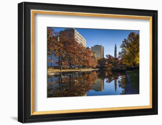 USA, Connecticut, Hartford, Bushnell Park, reflection of office buildings and Travelers Tower-Walter Bibikow-Framed Photographic Print