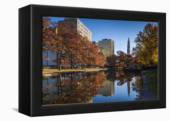 USA, Connecticut, Hartford, Bushnell Park, reflection of office buildings and Travelers Tower-Walter Bibikow-Framed Premier Image Canvas