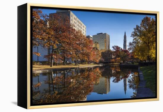 USA, Connecticut, Hartford, Bushnell Park, reflection of office buildings and Travelers Tower-Walter Bibikow-Framed Premier Image Canvas