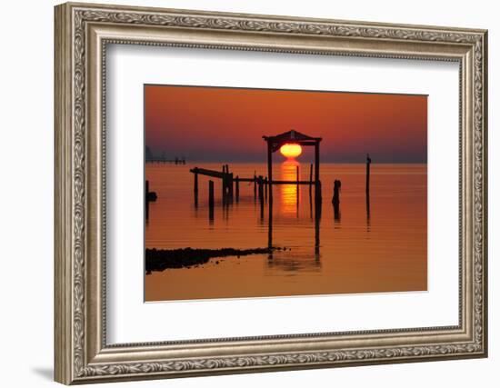 USA, Florida, Apalachicola, Sunrise at an old boat house at Apalachicola Bay.-Joanne Wells-Framed Photographic Print