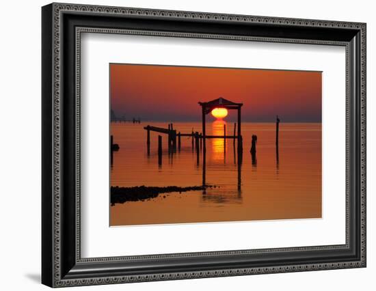 USA, Florida, Apalachicola, Sunrise at an old boat house at Apalachicola Bay.-Joanne Wells-Framed Photographic Print