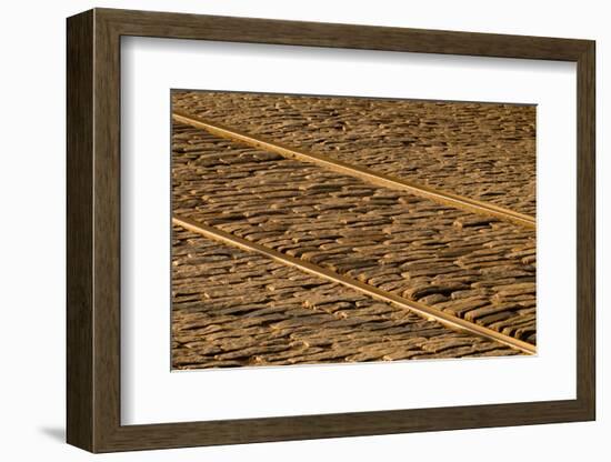 USA, Georgia, Savannah. Old railroad tracks along cobblestone at River Street.-Joanne Wells-Framed Photographic Print