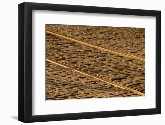 USA, Georgia, Savannah. Old railroad tracks along cobblestone at River Street.-Joanne Wells-Framed Photographic Print