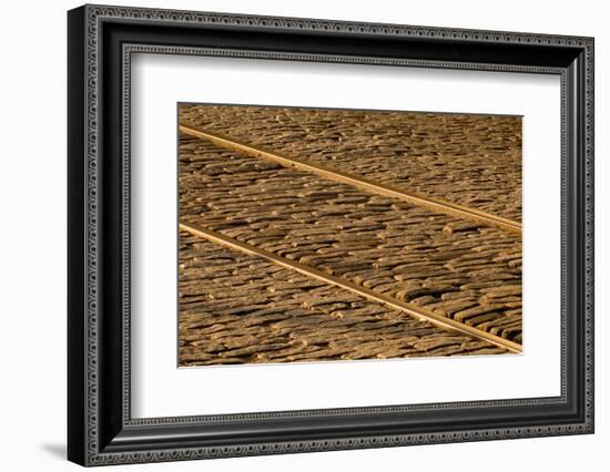 USA, Georgia, Savannah. Old railroad tracks along cobblestone at River Street.-Joanne Wells-Framed Photographic Print