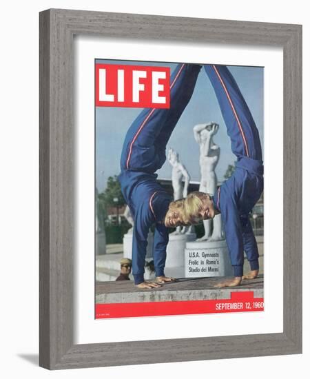 USA Gymnasts Doris Fuchs and Sharon Richardson Frolic in Rome's Stadio dei Marmi, 1960-George Silk-Framed Photographic Print