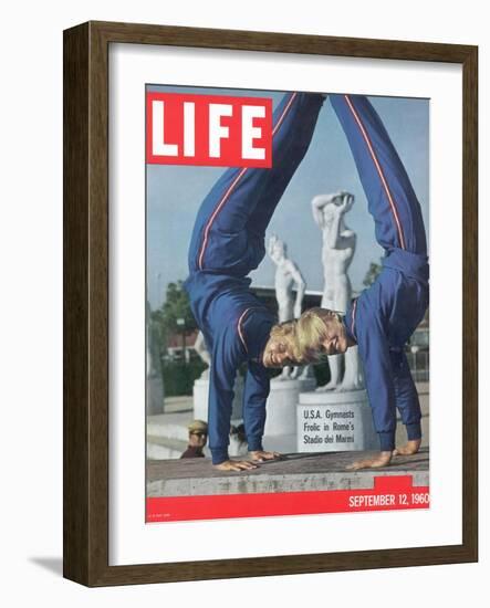 USA Gymnasts Doris Fuchs and Sharon Richardson Frolic in Rome's Stadio dei Marmi, 1960-George Silk-Framed Photographic Print