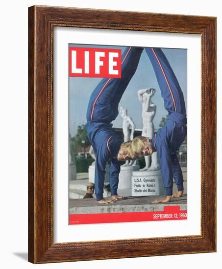 USA Gymnasts Doris Fuchs and Sharon Richardson Frolic in Rome's Stadio dei Marmi, 1960-George Silk-Framed Photographic Print