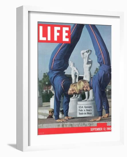 USA Gymnasts Doris Fuchs and Sharon Richardson Frolic in Rome's Stadio dei Marmi, 1960-George Silk-Framed Photographic Print