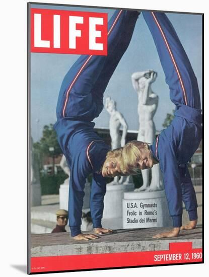 USA Gymnasts Doris Fuchs and Sharon Richardson Frolic in Rome's Stadio dei Marmi, 1960-George Silk-Mounted Photographic Print