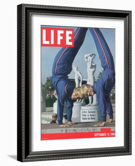 USA Gymnasts Doris Fuchs and Sharon Richardson Frolic in Rome's Stadio dei Marmi, 1960-George Silk-Framed Photographic Print