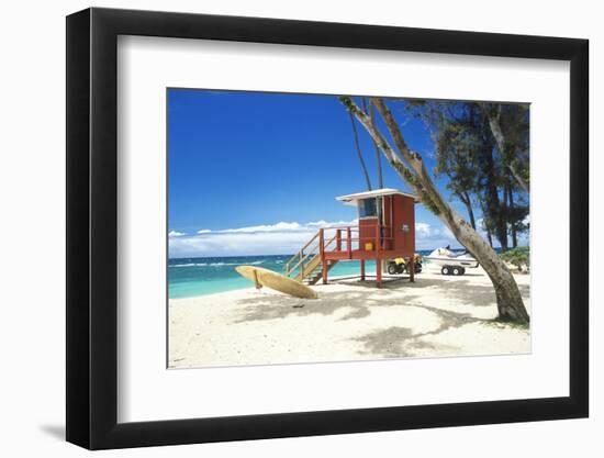 USA, Hawaii Islands, Maui, Baldwin Beach, lifeguard's cabin on stilts on sand beach-null-Framed Photographic Print