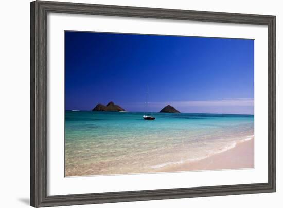 USA, Hawaii, Oahu, Sail Boat at Anchor in Blue Water with Swimmer-Terry Eggers-Framed Photographic Print