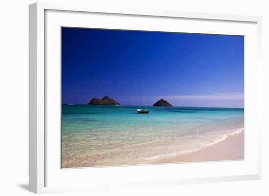 USA, Hawaii, Oahu, Sail Boat at Anchor in Blue Water with Swimmer-Terry Eggers-Framed Photographic Print