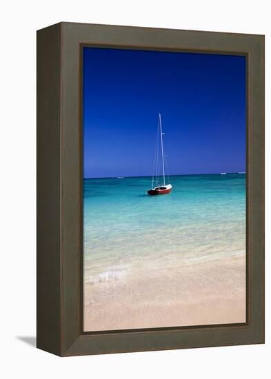 USA, Hawaii, Oahu, Sail Boat at Anchor in Blue Water with Swimmer-Terry Eggers-Framed Premier Image Canvas