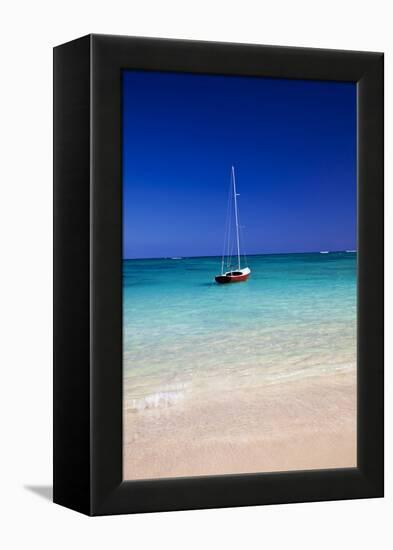 USA, Hawaii, Oahu, Sail Boat at Anchor in Blue Water with Swimmer-Terry Eggers-Framed Premier Image Canvas