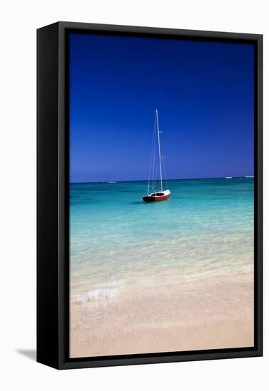 USA, Hawaii, Oahu, Sail Boat at Anchor in Blue Water with Swimmer-Terry Eggers-Framed Premier Image Canvas