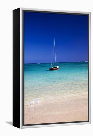 USA, Hawaii, Oahu, Sail Boat at Anchor in Blue Water with Swimmer-Terry Eggers-Framed Premier Image Canvas