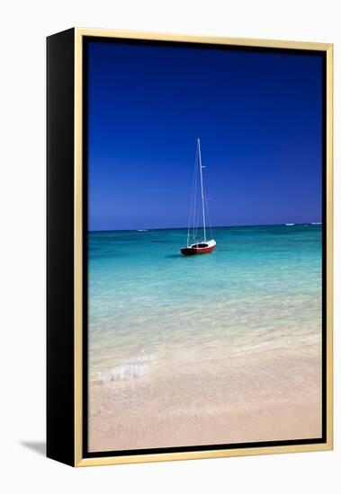 USA, Hawaii, Oahu, Sail Boat at Anchor in Blue Water with Swimmer-Terry Eggers-Framed Premier Image Canvas
