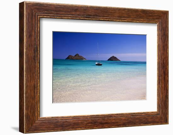 USA, Hawaii, Oahu, Sail Boat at Anchor in Blue Water with Swimmer-Terry Eggers-Framed Photographic Print