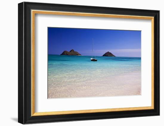 USA, Hawaii, Oahu, Sail Boat at Anchor in Blue Water with Swimmer-Terry Eggers-Framed Photographic Print