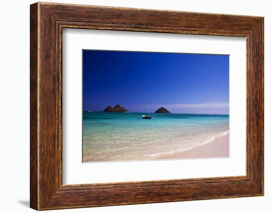 USA, Hawaii, Oahu, Sail Boat at Anchor in Blue Water with Swimmer-Terry Eggers-Framed Photographic Print