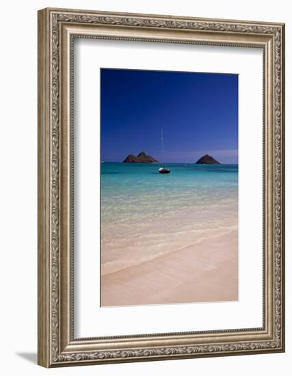 USA, Hawaii, Oahu, Sail Boat at Anchor in Blue Water with Swimmer-Terry Eggers-Framed Photographic Print