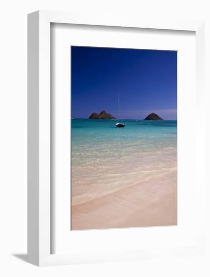 USA, Hawaii, Oahu, Sail Boat at Anchor in Blue Water with Swimmer-Terry Eggers-Framed Photographic Print