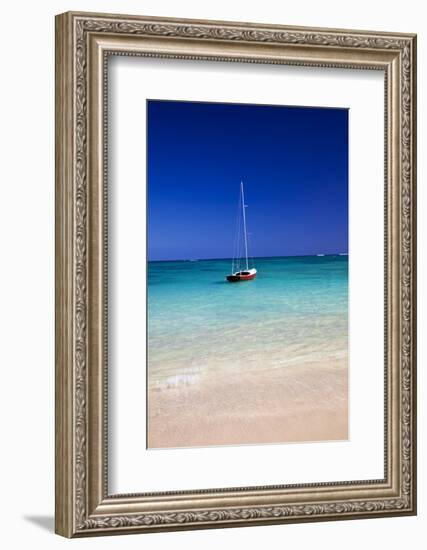 USA, Hawaii, Oahu, Sail Boat at Anchor in Blue Water with Swimmer-Terry Eggers-Framed Photographic Print